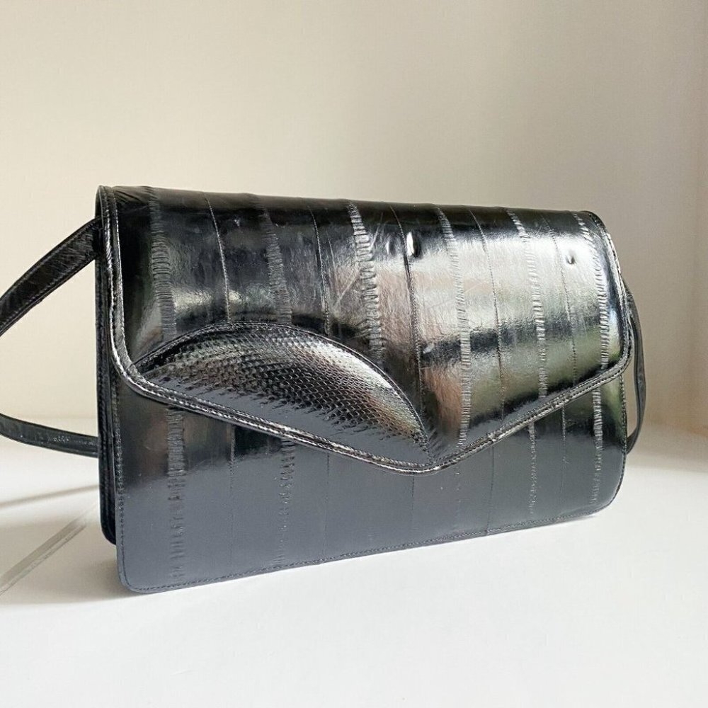 Vintage Eel Skin  Black Convertible Shoulder Clutch Bag - Picture 2 of 11